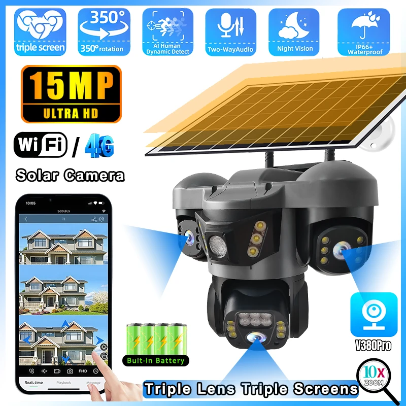 

4G Solar Camera Wirless IP CCTV Video Surveillance Cameras Outdoor 360 Monitor 15MP HD Night Vision Security Protection