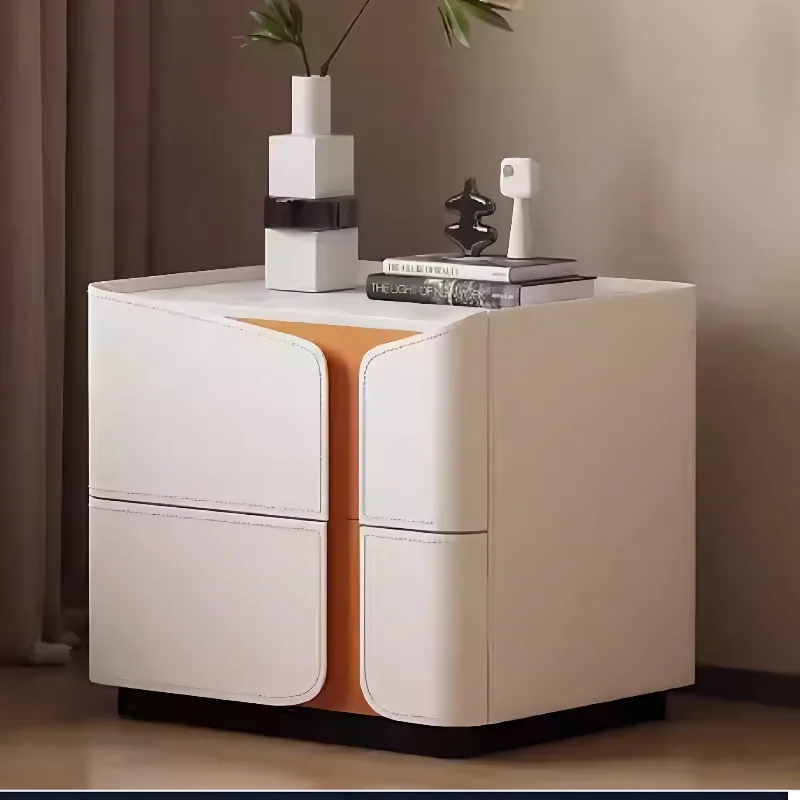 Minimalist high-end bedside table Modern light luxury solid wood saddle leather complete storage cabinet