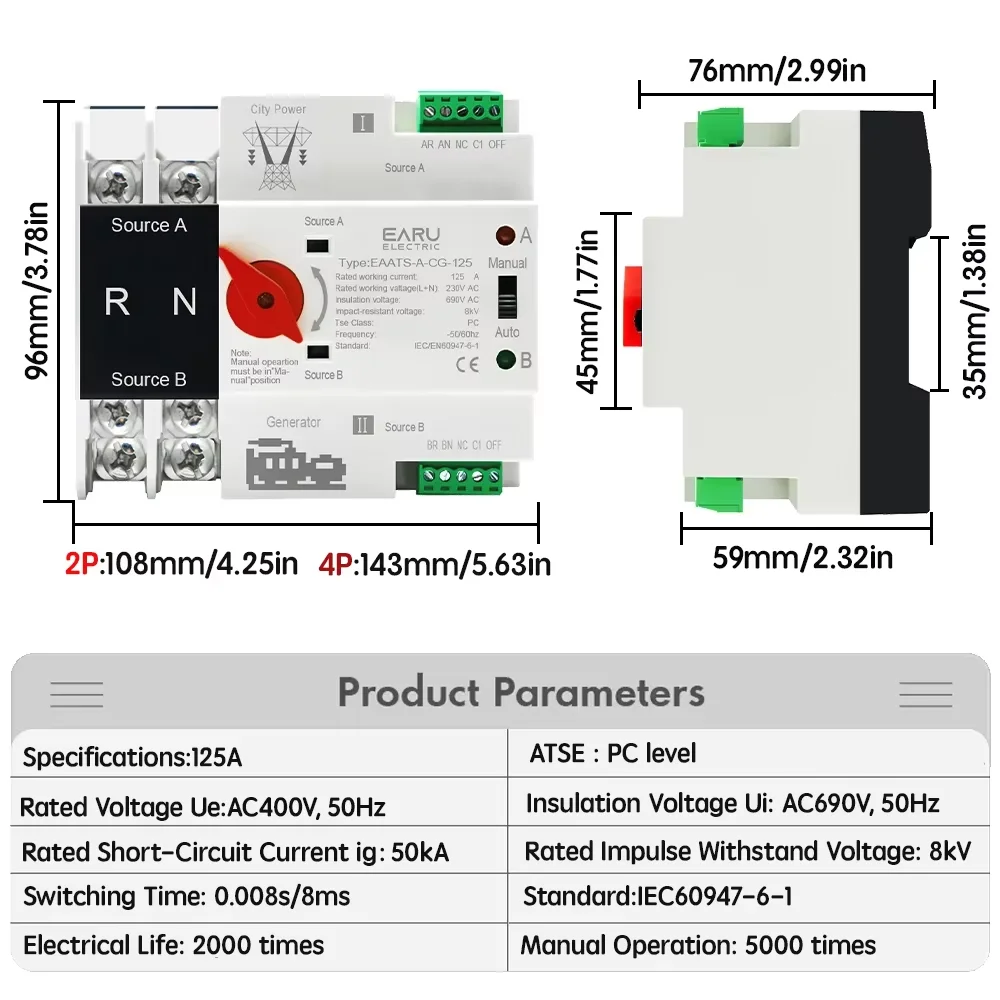 Dual Power Automatic Transfer Switch ATS 2P 4P 100A. AC 220V 110V Millisecond Switching for Solar Generator Uninterrupted