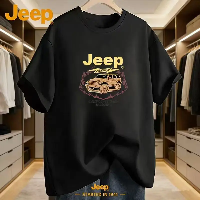 Jeep, Men's T-Shirt Made of 100% Cotton, Summer Round-Neck High-Quality T-Shirt, Featuring Off-Road Patterns, Loose Round-Neck T