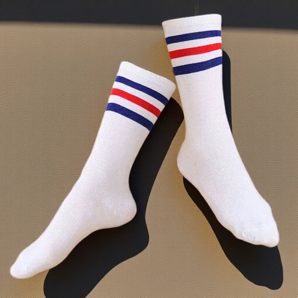 

Pair of Long Socks Knee High Stockings White Size S Breathable Cotton 3 Blue Red Bars Comfortable Sports Socks
