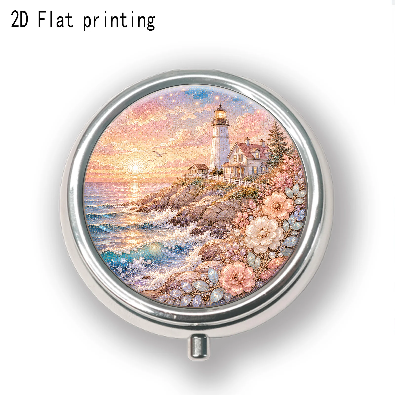 1 Flat-Printed Round Metal Pill Box, Portable Travel Pill Box with Compartments, Can Store Daily Vitamins and Supplements, Compact and Portable Storage Box, Suitable for Women as Birthday or Holiday Gifts, Flat Design