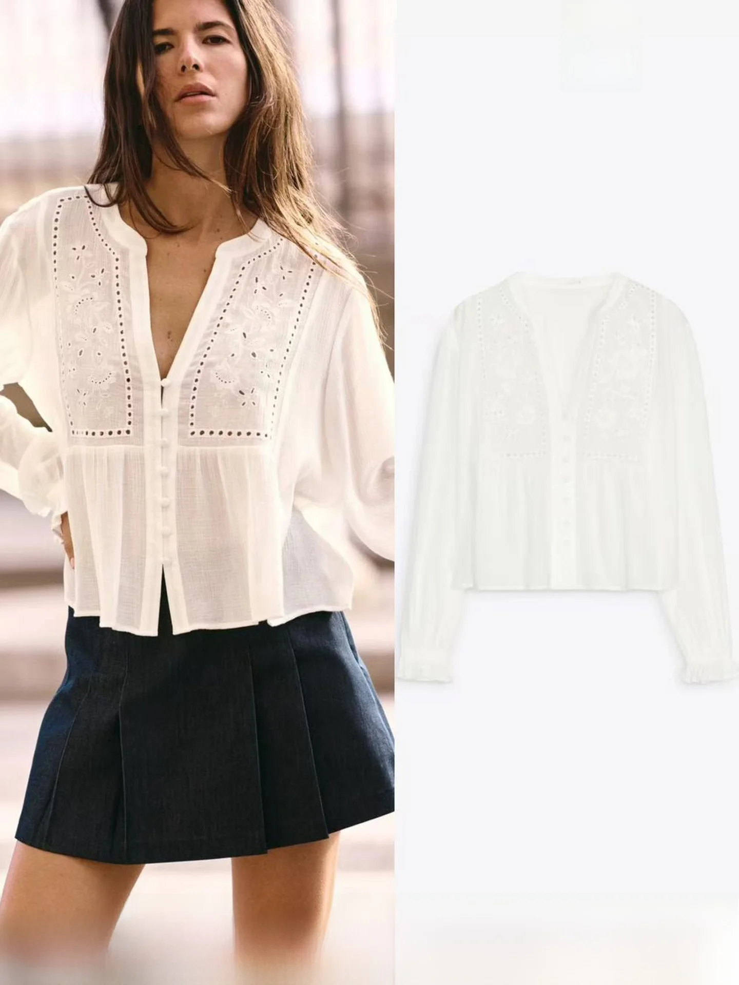 Women's Embroidered Hollow out Long Sleeve round Neck Layered Decorative Shirt Cotton Commute Style Loose Fit Anti-Wrinkle