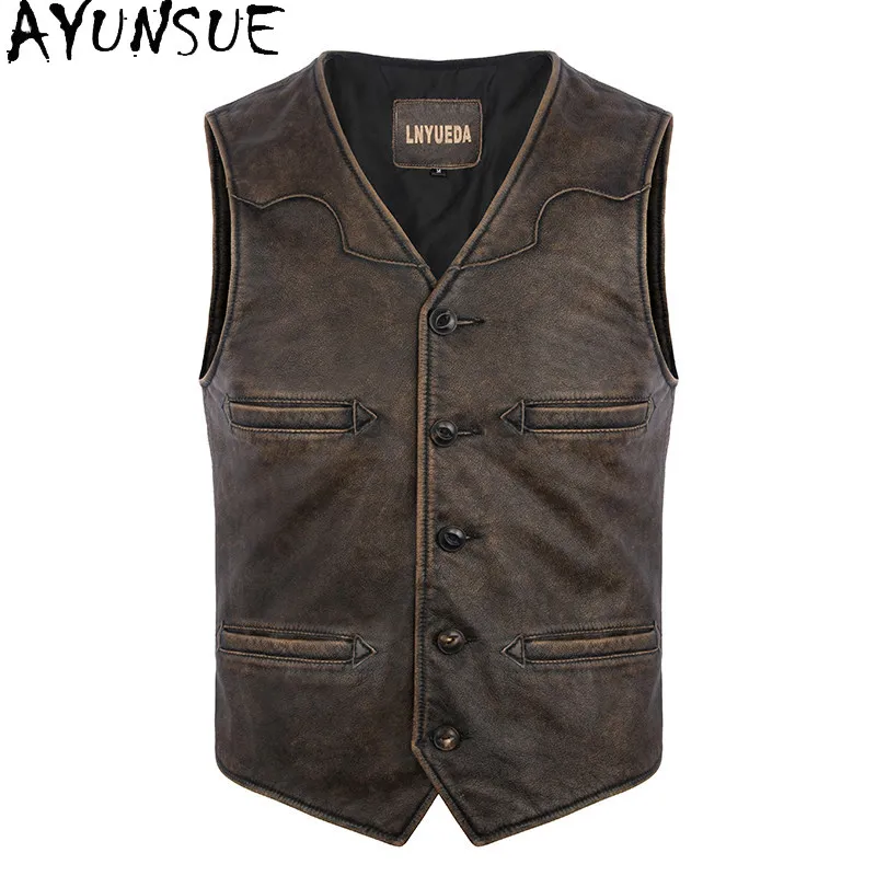 AYUNSUE Top Layer Cowhide Leather Vest for Man Stone Washed Distressed Sleeveless Genuine Leather Jacket Casual Motorcycle Vests
