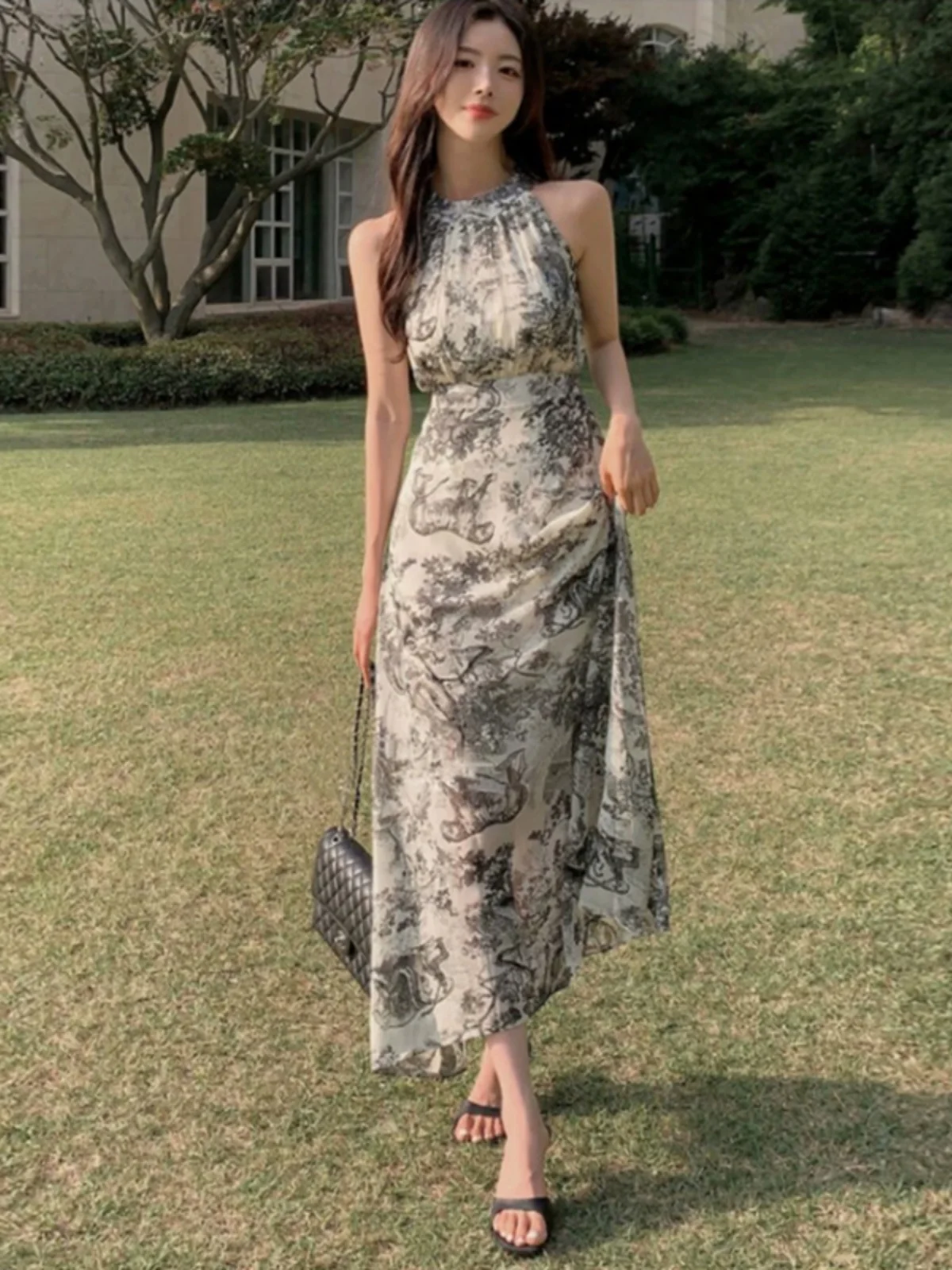 Retro Summer Watercolor Print Slimming Long Svel Dr Women's Hang Ne Sle Korean Version Polyester Fiber Vest Dr