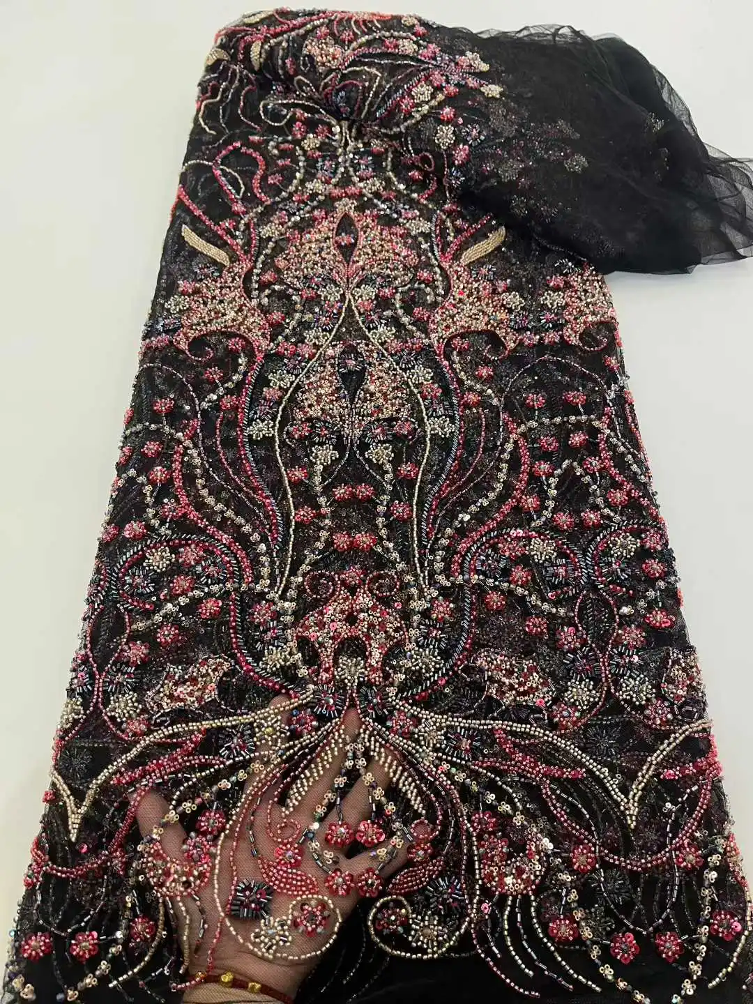 

Luxury Black African Sequins Mesh Lace Fabric French Beads Heavy Net Lace Fabric For Nigerian Bride Wedding Party Dress