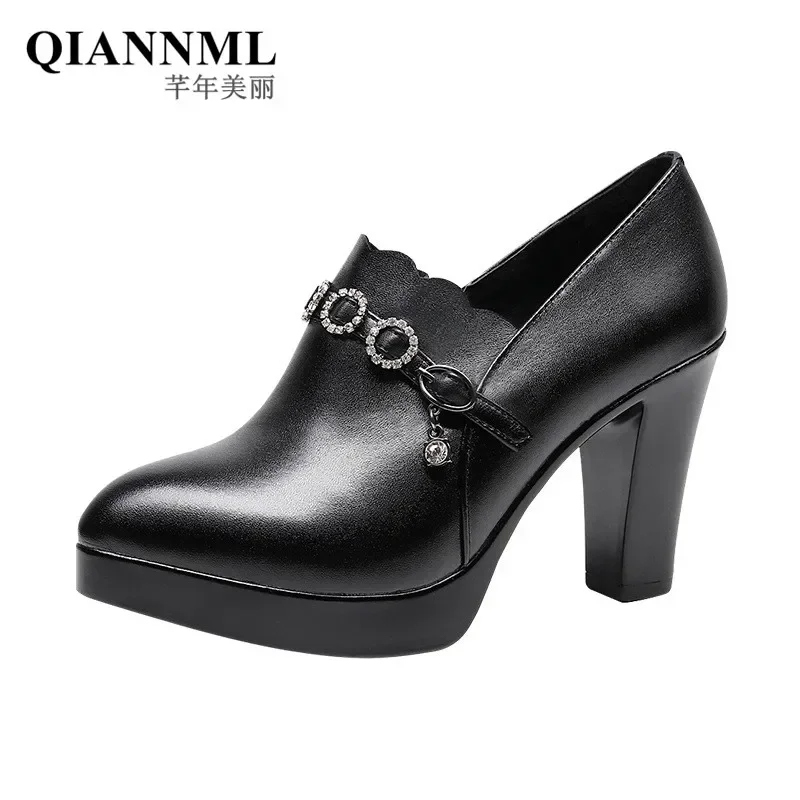 8.5cm 12cm Small Size 32-43 Deep Mouth Crystal Buckle Platform Shoes Women Pumps 2024 Fall Block High Heels Shoes Model Party