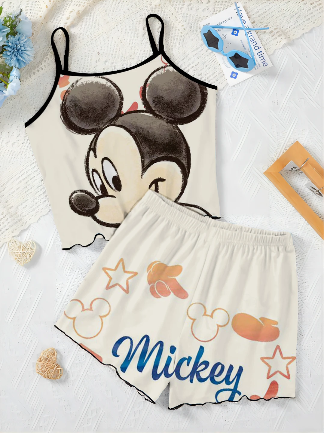 Slip Dress pigiama gonna lattuga Trim Mickey t-shirt abito da donna Disney Minnie Mouse Short set Top Pieces elegante Disney Mickey