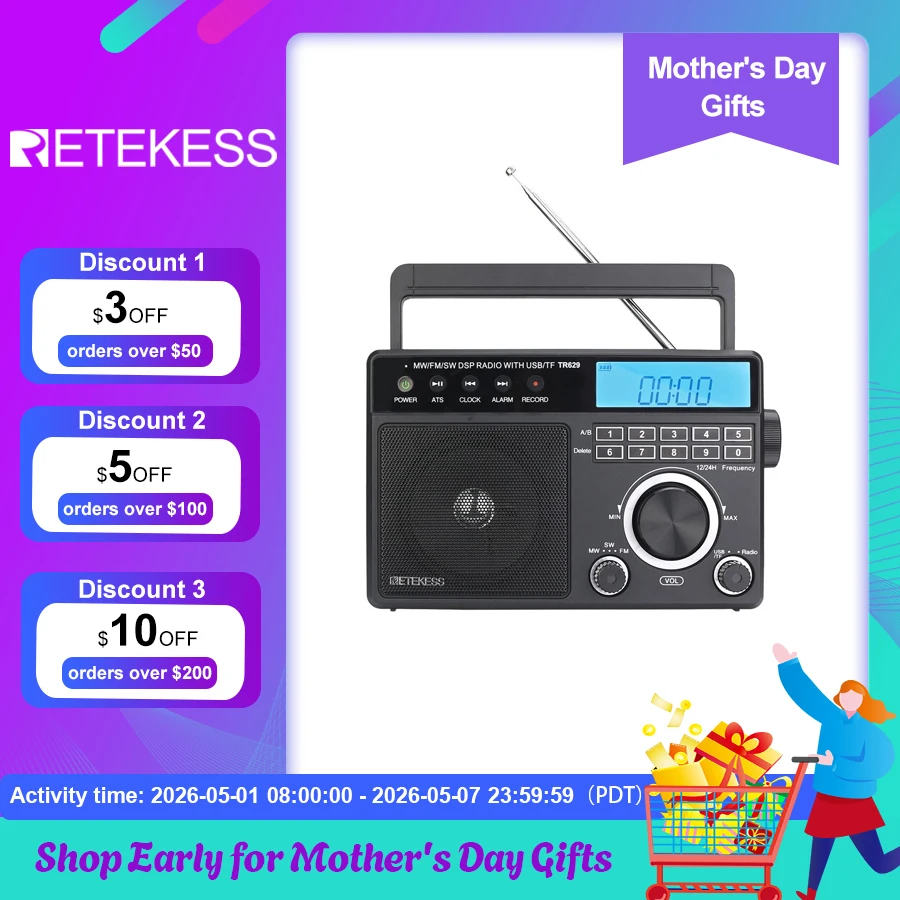 Retekess TR629 Portable Radio AM FM SW Multiband Shortwave Radio Stereo Mp3 Speaker Battery AC power supply alarm clock Function