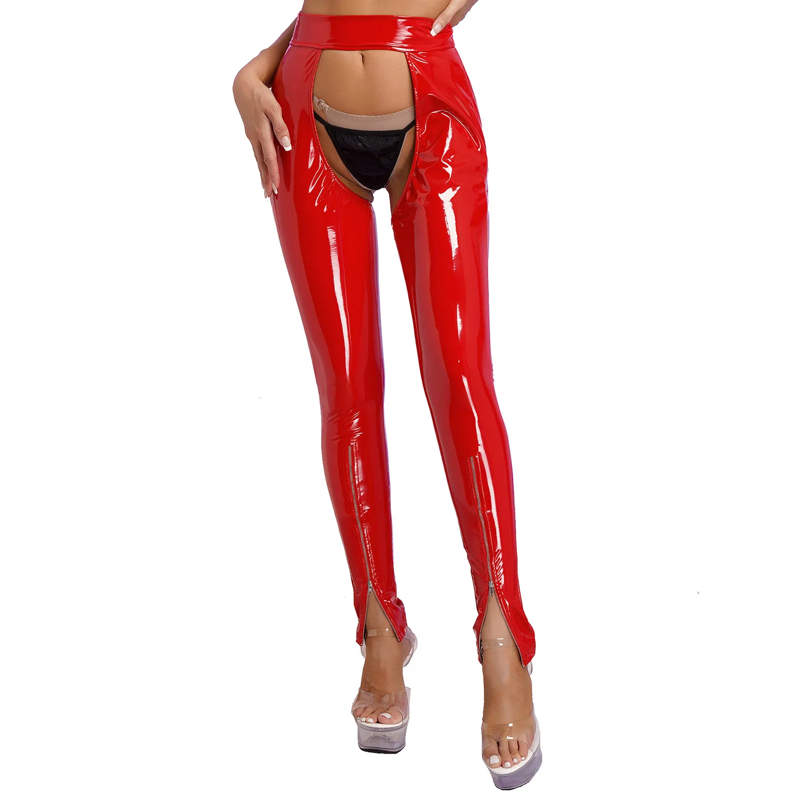 Womens Exotic Wet Look Patent Leather Leggings Lingerie Open Crotch Backless Zipper Leg Skinny Pants Clubwear Romantic Nights