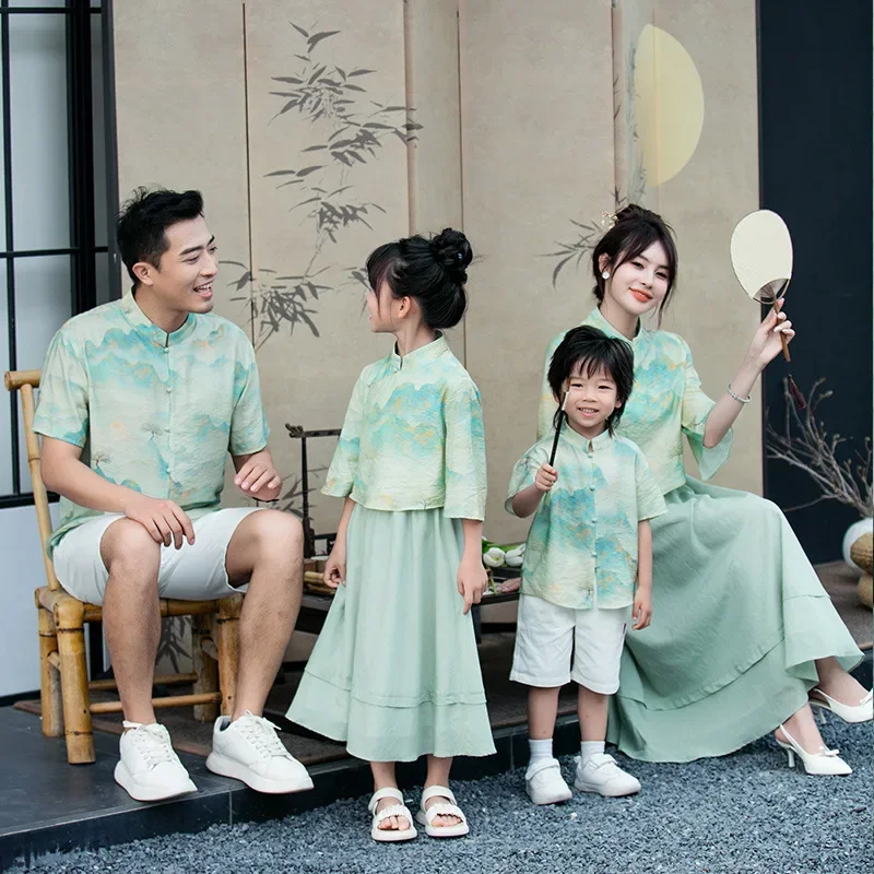 Summer Family Matching Outfits Chinese Style Dad and Son Shirts + Shorts Two Piece Sets Mom and Daughter Blouse + Skirts Suit