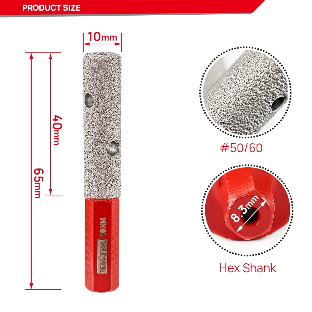 DIATOOL 1pc  Diamond Finger Milling Bits Grinding Cutter for Tile Ceramic Porcelain Marble Diameter 10mm HEX Shank