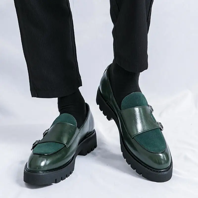 

Men's Green Patchwork Platform Loafers, Casual Slip-on Monk Strap Shoes, Comfortable Chunky Sole Dress Sneakers for Daily Wear