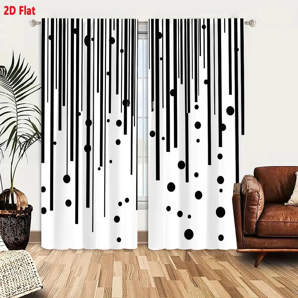 2Pcs Curtains 2D Flat Black And White Abstract Composition With Vertical Lines And Circles Resembling Rain Or Ink Drops Window D