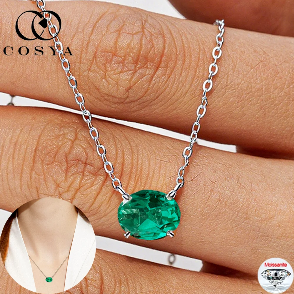 

COSYA 1-2 карата овальной огранки, выращенное в лаборатории колумбийский/зумбийский изумруд, ожерелье для женщин, S925, серебряное ожерелье с муассанитом, ювелирные изделия