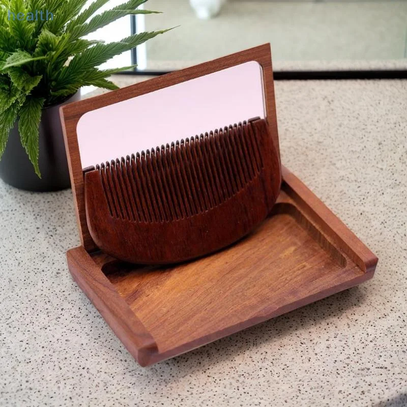 Set di specchi a pettine in legno 2 in 1, mini specchio pieghevole portatile vintage, specchio per trucco in legno di sandalo rosso, decorazioni per la casa e il viaggio