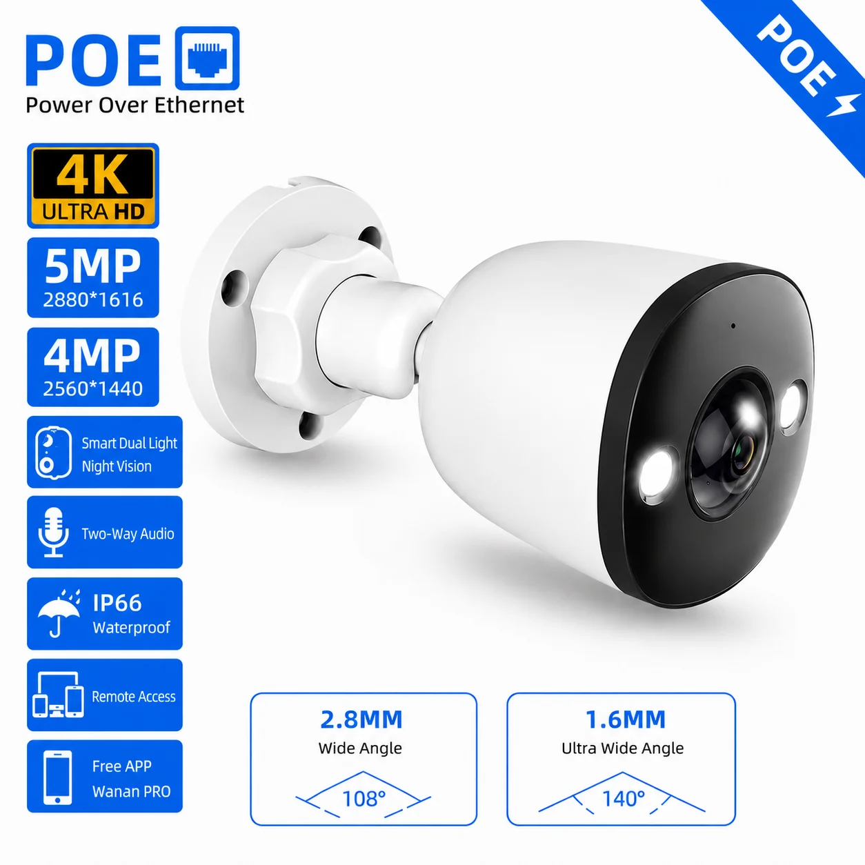 4K POE-Überwachungskamera, Ultraweitwinkel, 1,6 mm/2,8 mm, ONVIF, IP66, CCTV-Kamera für den Außenbereich, Dual-Light-Nachtsicht, 4 MP, 5 MP, integriertes Mikrofon
