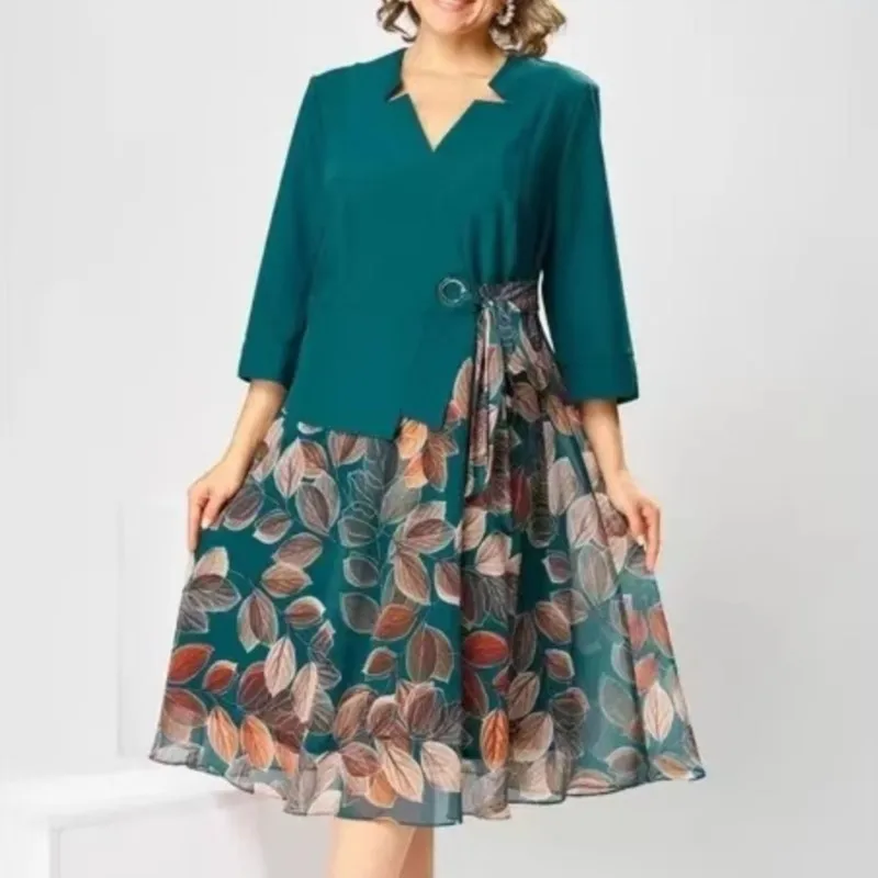 

Elegant Print Dress 2026 Spring Asymmetrical Design V-Neck Mid Length Sleeve Dresses High Waist Floral A-Line Skirts Outfits