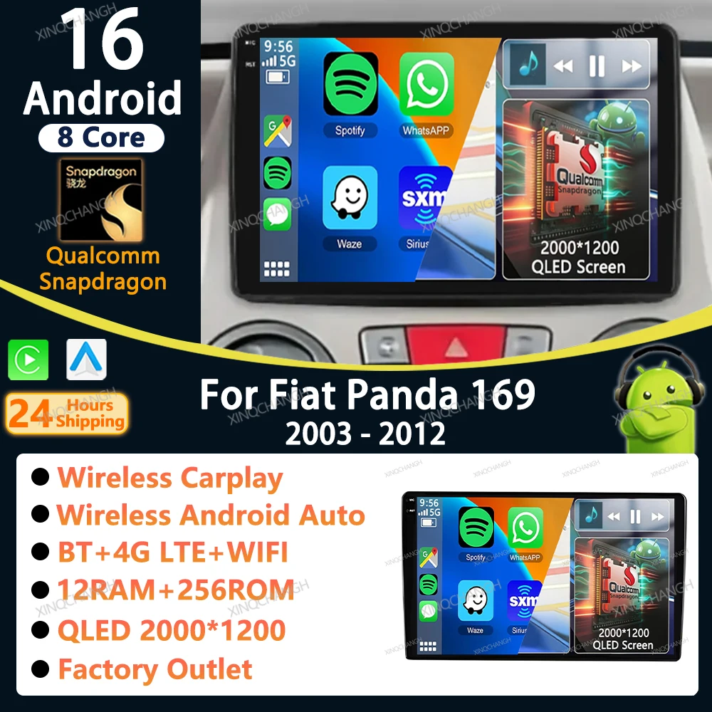 Android 16 Car Radio Carplay Auto For Fiat Panda 169 2003 2004 2005 - 2012 Accessories Audio Dash Fitting Panel Kit Video 2 DIN