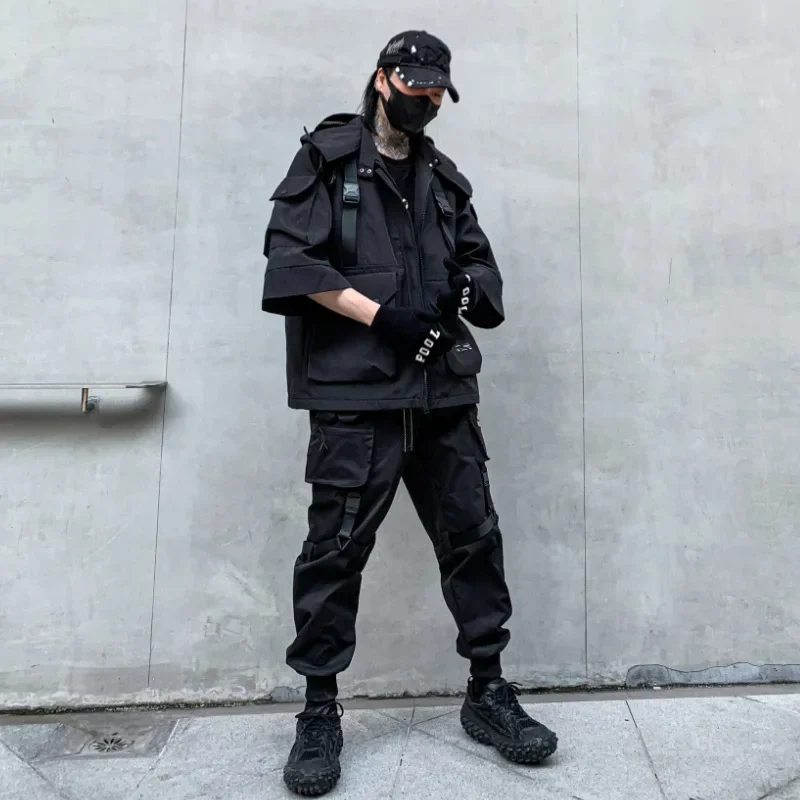 2024 Autumn Winter Hip Hop Techwear Cargo Jacket Men's Harajuku Casual Hooded Jackets Tactical Hooded Coats Streetwear