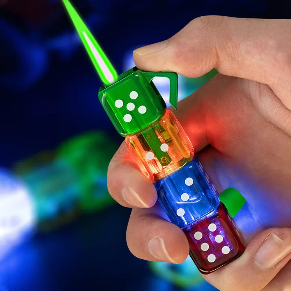 Creative Green Flame Dice Lighter Cool LED Colorful Light Windproof Butane Gas Tube Straight Fire Jet Lighter Cigarette Tool