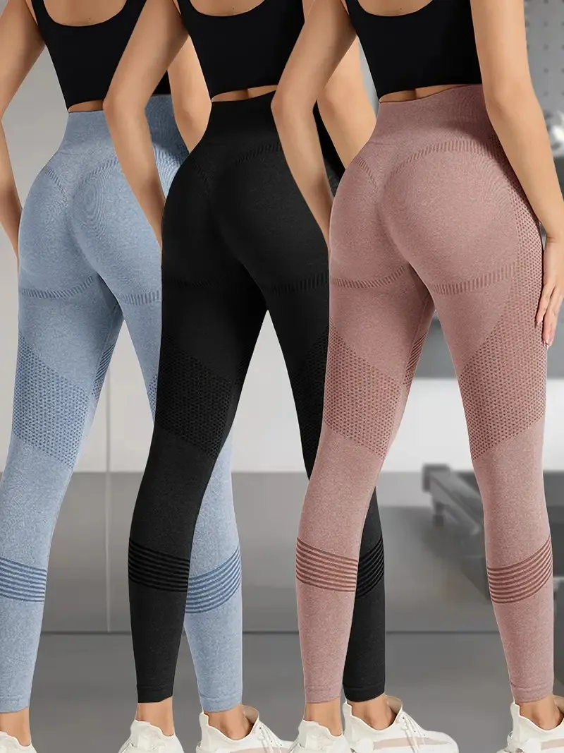 3-Pack Women\'s High-Waist Yoga Pants Stretch Striped Knit Fabric Skinny Fit Elastic Waistband Breathable Sports