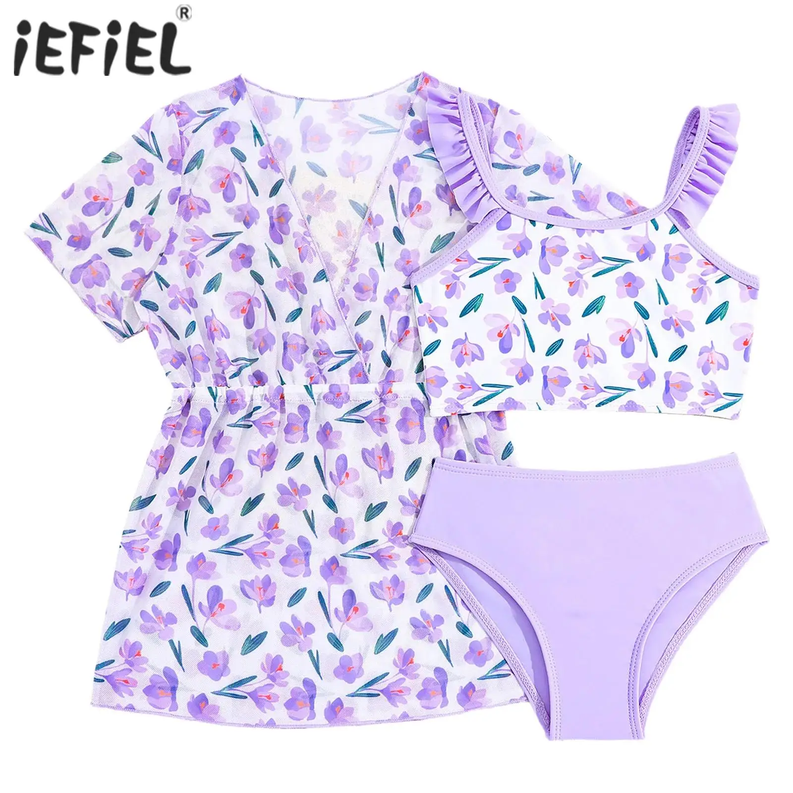Kids Girls 3 Piece Bathing Suit Swimsuit Short Sleeve Outwear Skirt and Adjustable Ruffled Straps Bikini Tops with Briefs Sets