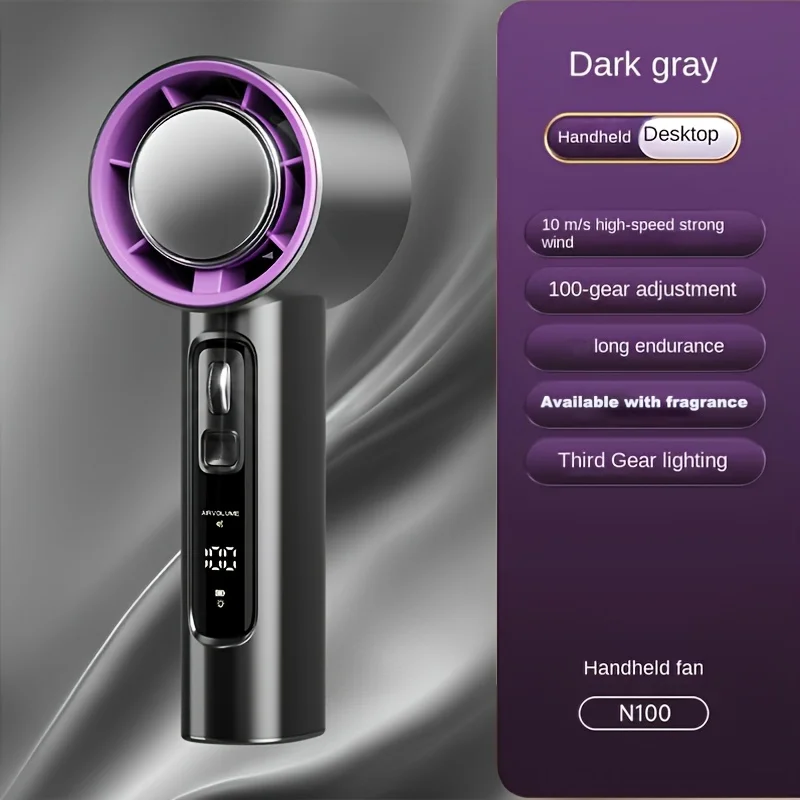 Hoge snelheid handventilator, 100 snelheidsinstellingen, batterij-indicator, LED-zaklamp, draagbare kleine buitenventilator met oplaadbare batterij