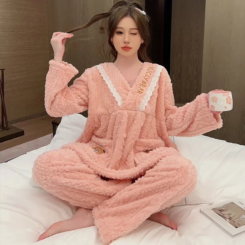 5XL Plus Size Winter Coral Velvet Pajamas Set Women Korean Sweet Lady Flannel Home Clothes Sleepwear Two-piece Set Loungewear