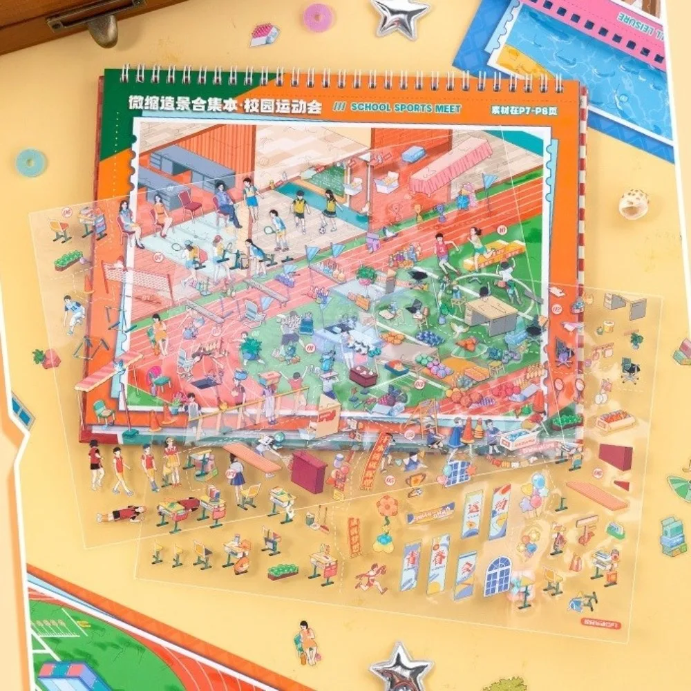 Cute Miniature Scene Sticker 8 Scenes Sports Day Market Camping 3D Cabin Stickers PET Die Cut Scenery Sticker Book