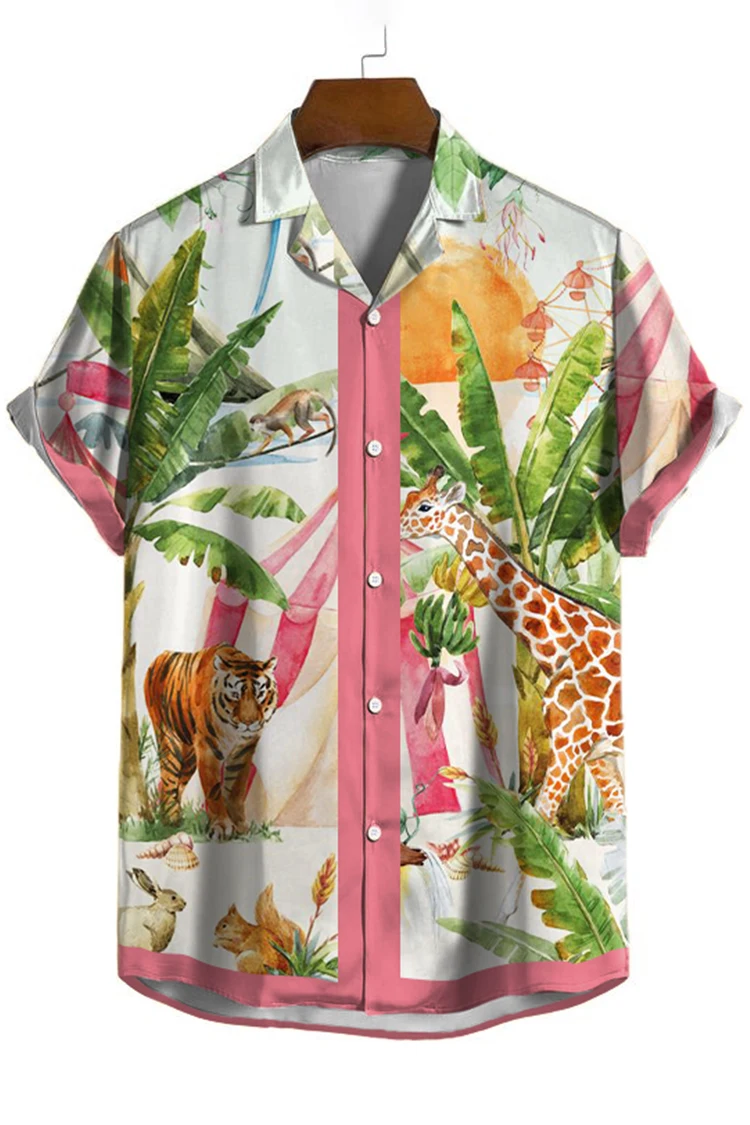 2023 New Men\'s Shirt Short Sleeve T-shirt Cuban Fashion Animal Print Shirt Casual Polo Collar Social Hawaiian Shirt Summer Men\'s