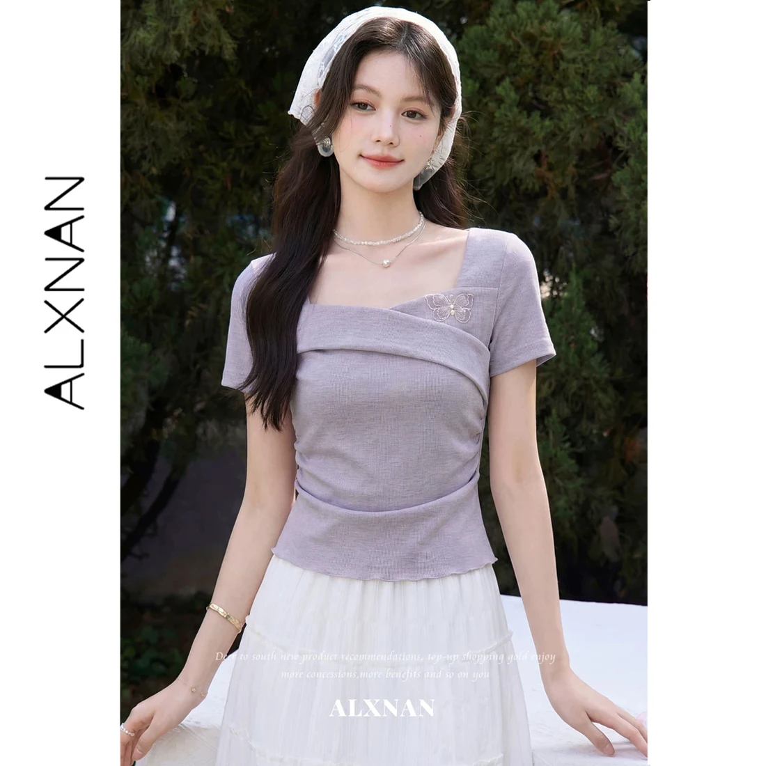 

ALXNAN Фиолетовая футболка с короткими рукавами, женская элегантная повседневная модная футболка с перекрестным квадратным вырезом и 3D-дизайном в виде бабочки, топы L63107