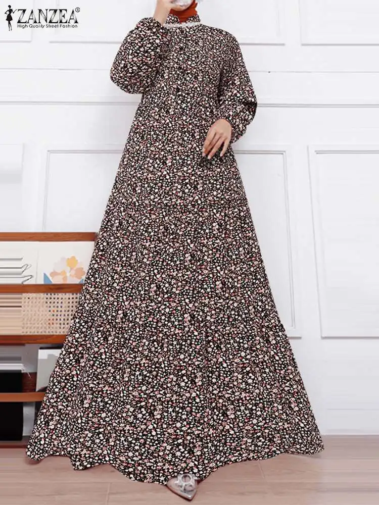 ZANZEA Autumn Bohemian Floral Printed Muslim Abaya Maxi Dress Vintage Long Sleeve Party Islamic Clothing Women Casual Sundress