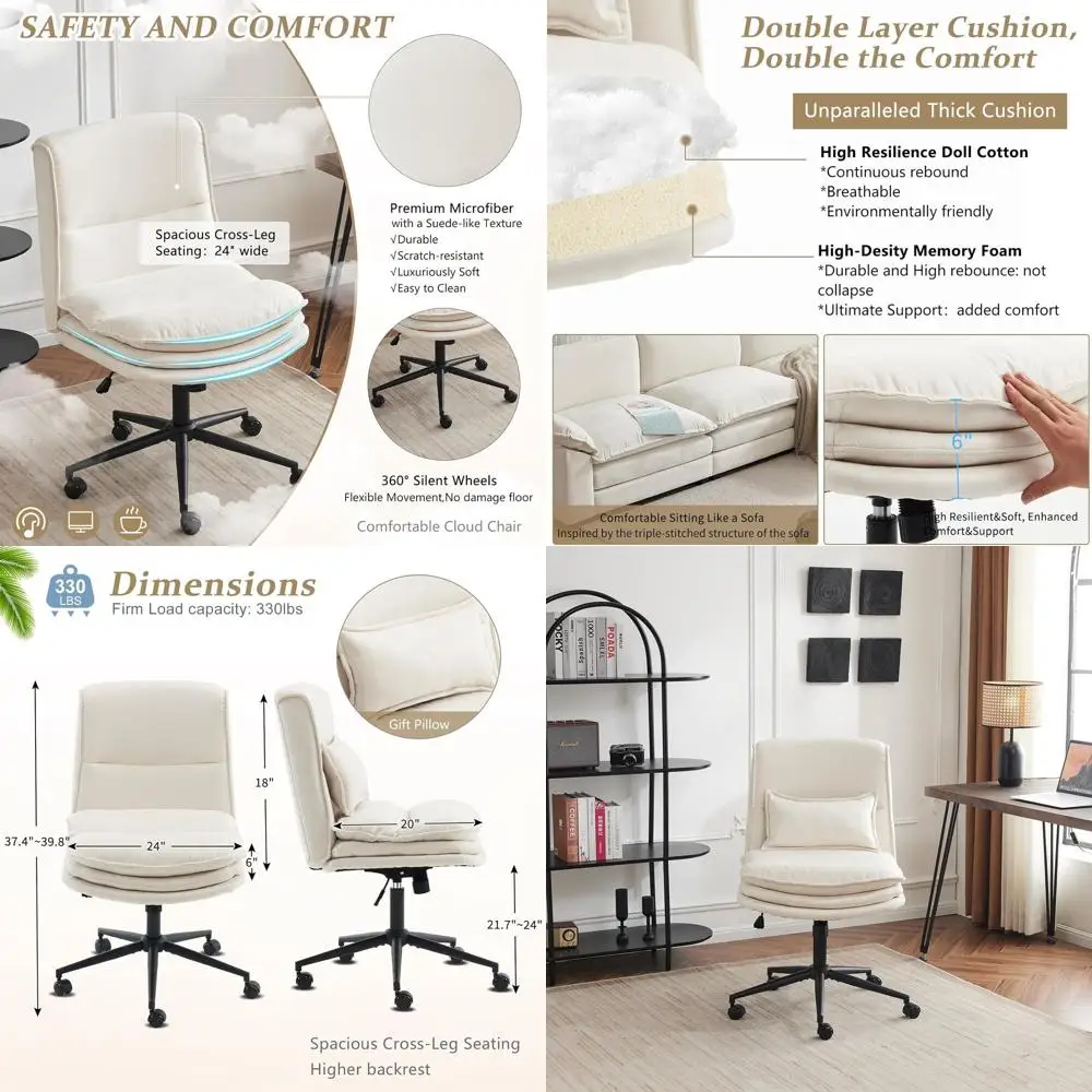 

Microfiber Swivel Office Chair, 18 High Back, Armless with Wheels, Adjustable Padded Seat for Home Desk, Modern Vanity Chair, Be