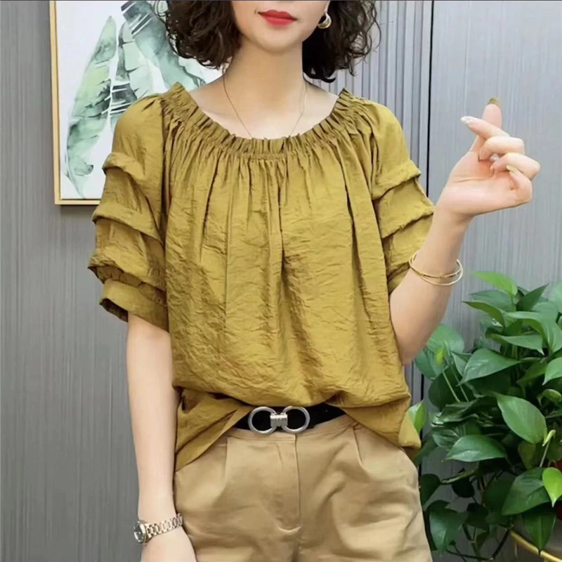 Camisa feminina de manga curta com babados, blusa casual simples, gola redonda, pulôver solto, tops de cor sólida, moda verão