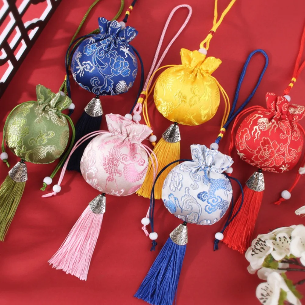 Chinese Style Tassel Brocade Sachet Floral Embroidery Car Hanging Pendant Jewelry Storage Bag Small Drawstring Pouch