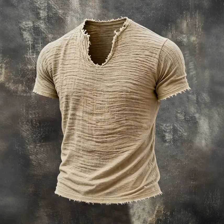 Image of Herren-T-Shirt mit ausgefranstem V-Ausschnitt und kurzen Ärmeln, faltige Textur, 100 % Baumwolle, minimalistische, lässige, einfarbige T-Shirts für den täglichen Gebrauch