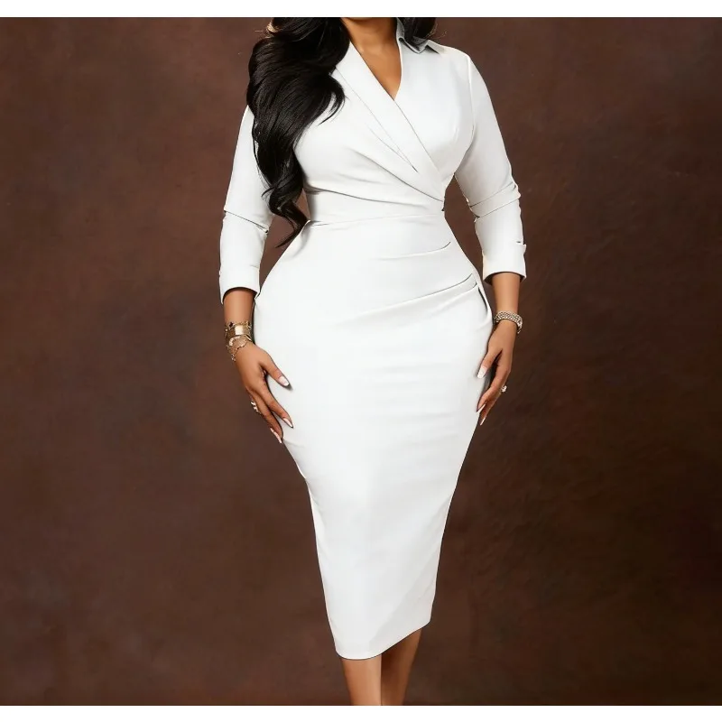 Collection Dress Women 2026 New Modern Long Sleeve Low V Neck Ruched Elegant Wedding Evening Office Ladies Midi Bodycon Dresses