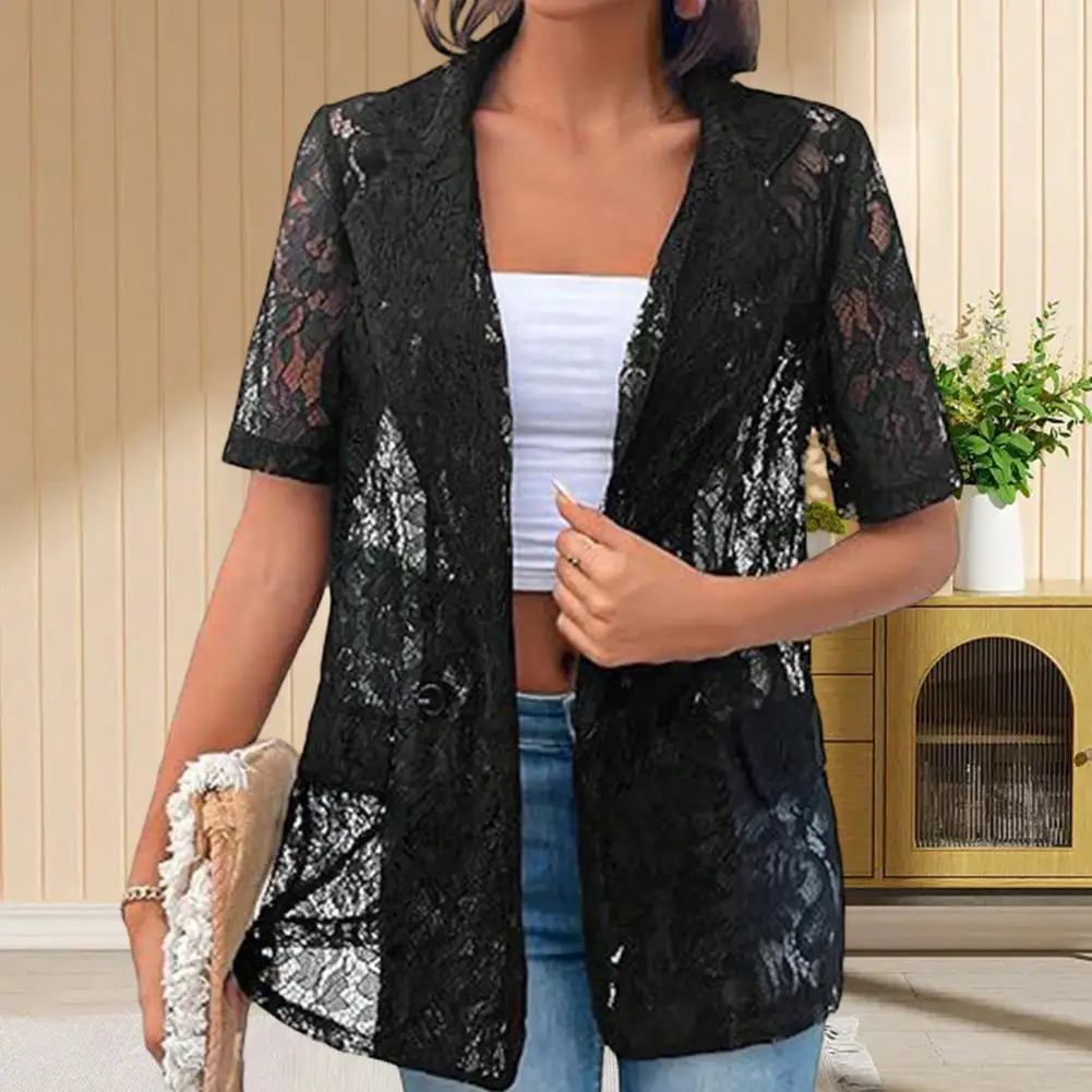 Hollow Lace Lapel Jacket Elegant Lace Cardigan with Lapel Decorative Pockets Women's Short Sleeve Suit Coat with See-through