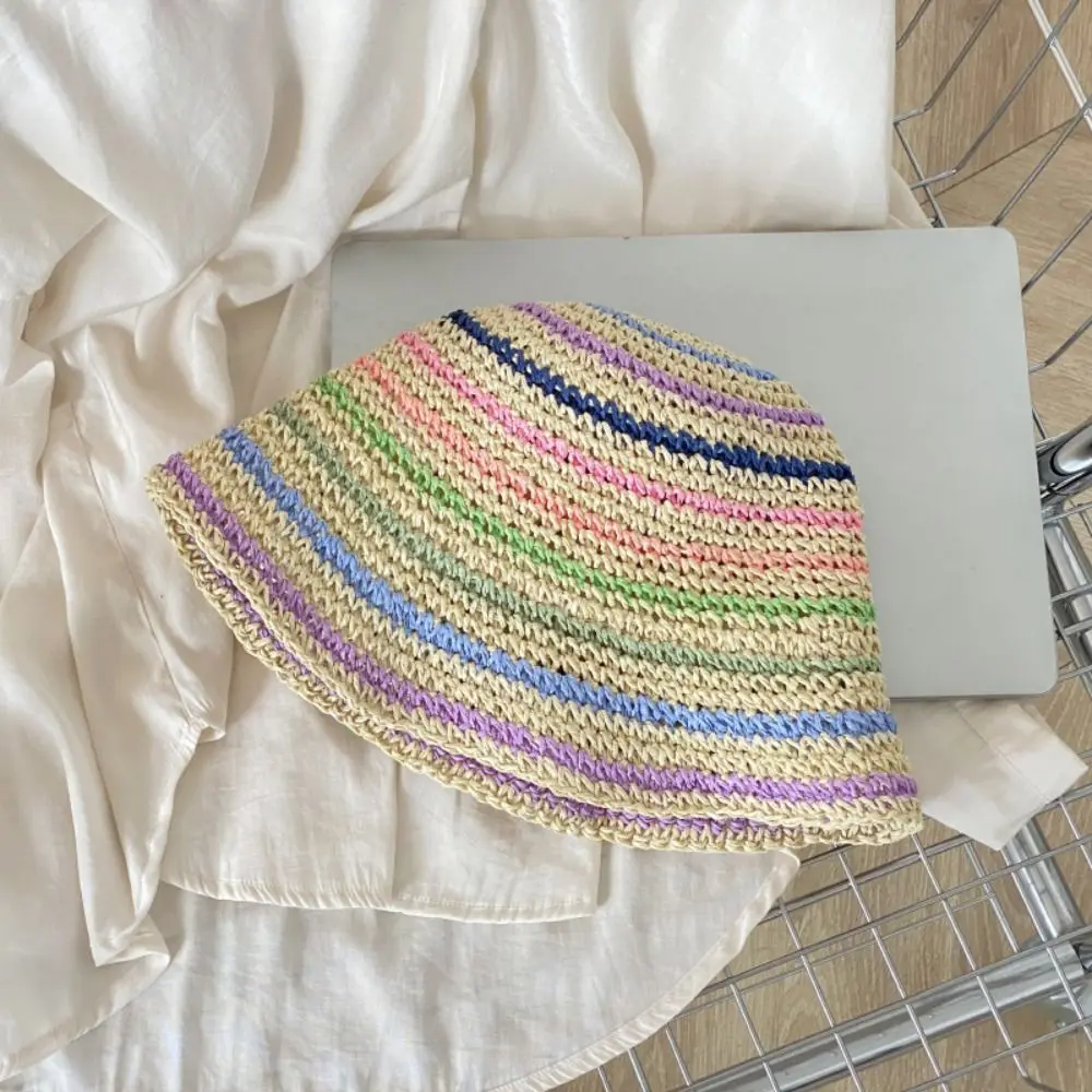 

Korean Summer Beach Straw Cap Handmade Women's Rainbow Sun hat Wide Brimmed Striped Bucket Hat Travel
