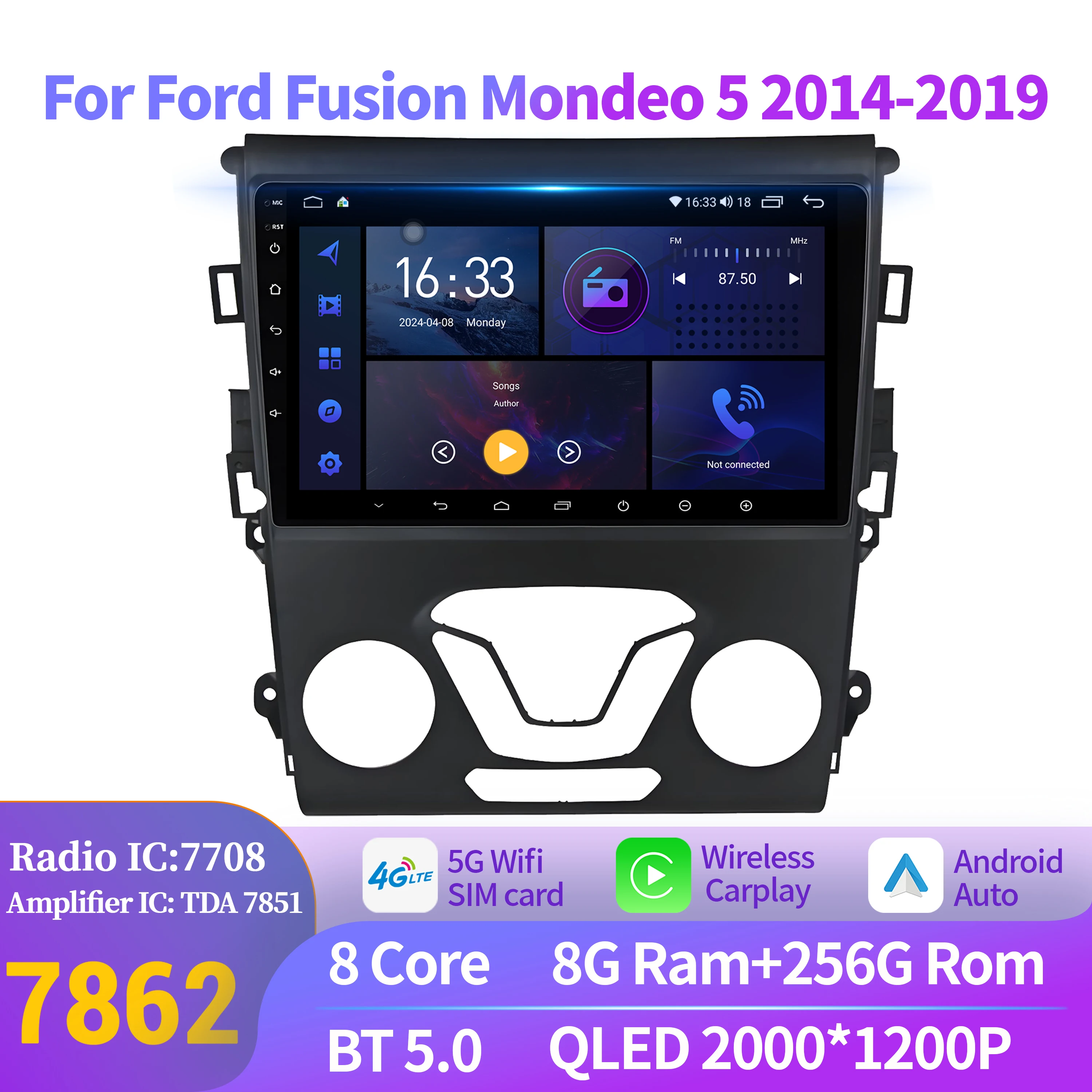

For Ford Fusion Mondeo 5 2014-2019 Android 14 4G Car Radio Multimedia Navigation 7862 8+256 Wirelss BT Carplay 2K QLED Screen