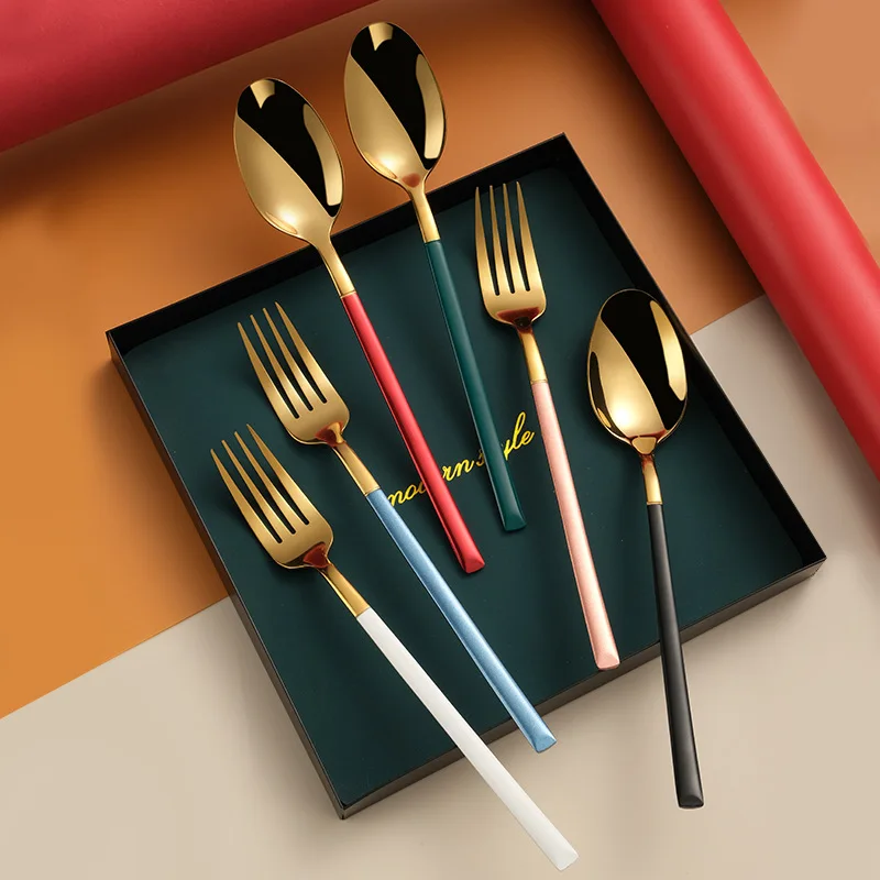 8 Colors Stainless Steel Dining Fork Spoon Western Cutlery Gold-Plated Square Painted Handle Food Tableware Utensil Tablespoons