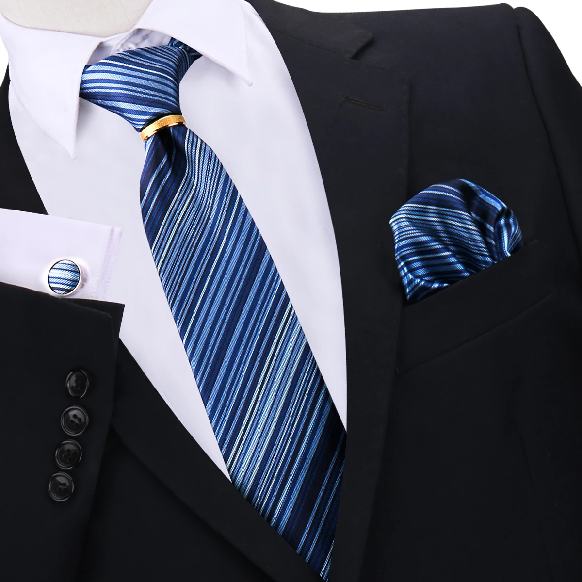 Men Tie Ring Gold Metal 8cm Necktie For Man Handkerchief Cufflinks Metal Ring Brooch Pin Set Luxury Wedding Party Ties Gifts - Image 3