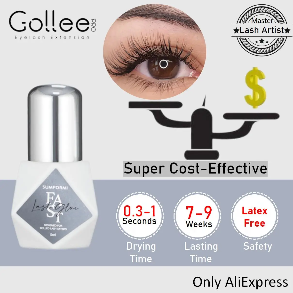 Gollee 5ml 0.5 Second Fast Drying Strong False Eye Lash Extension Glue Adhesive Retention 5-7 Weeks Low Smell Mink Eyelash Glue