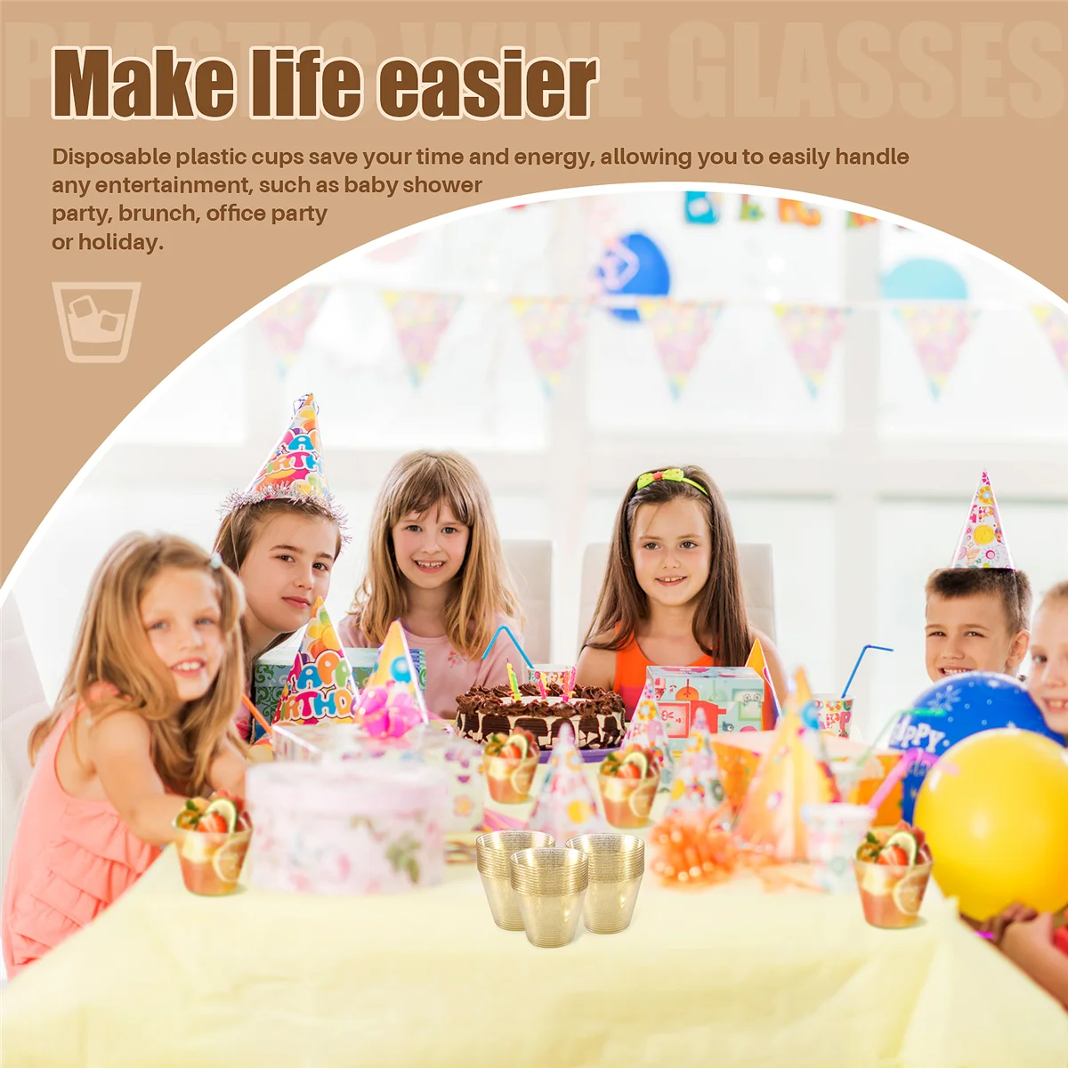 ABGQQ Gold Plastic Cups Clear Plastic Wine Glasses, Fancy Disposable Hard Plastic Cups with Gold Glitter for Party Cups 25Pcs