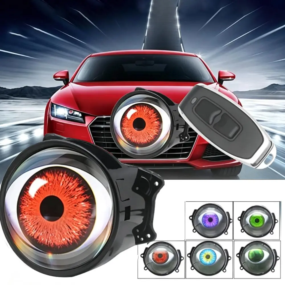 Wireless Remote Control Animated Demon Eye LED Headlight Multi Color Switch Rolling Eyeball Car Motorcycle Retrofit Front Lamp