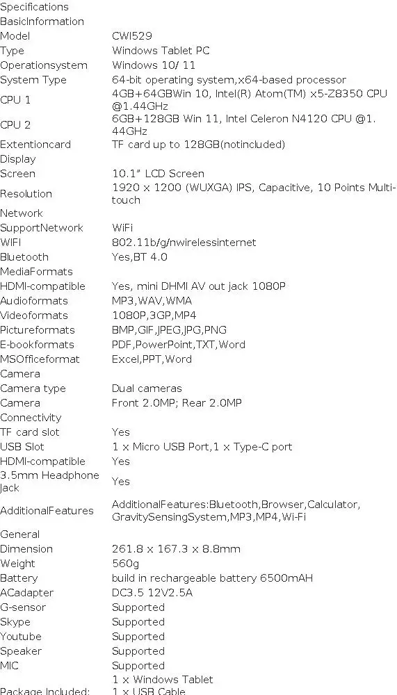 6GB RAM 128GB ROM 10.1 Inch Windows 11 Tablet PC 64Bits Intel Celeron N4120 Quad Cord Dual Cameras 1920*1200 IPS HDMI-Port