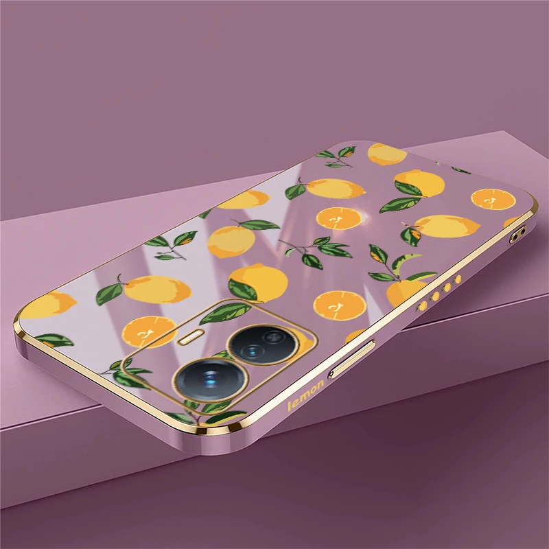 Phone Case For Vivo V40 V25 V27 Pro V30E V21 V25E V23E V21E V29 V29E V27E Luxury Plating Soft Silicone Lemon Cherry Print Cover