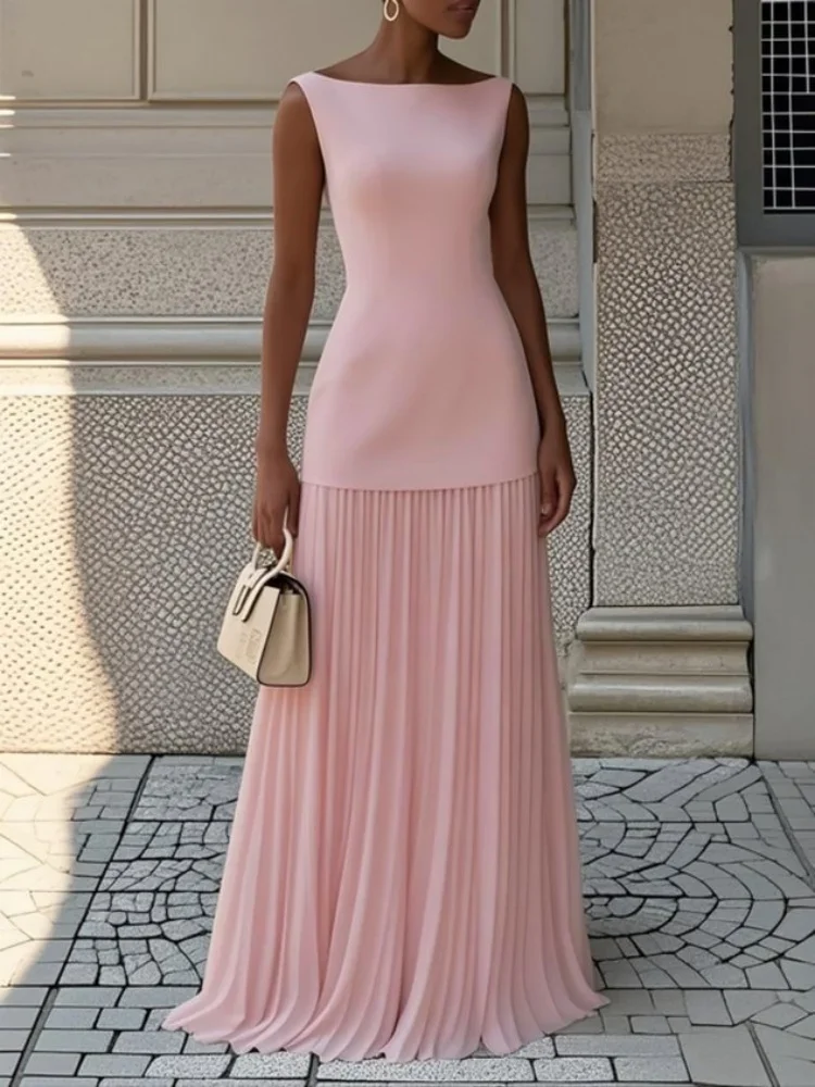 Elegancka damska sukienka z plisami, seksowny dekolt typu slash neck, bez rękawów, sukienka typu tank, sukienka boho, letnia, ażurowa, dopasowana, dzianinowa długa sukienka.