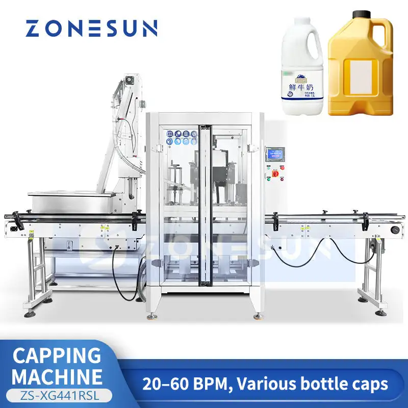 ZONESUN ZS-XG441RSL Servo Automatic Capping Machine with Cap Elevator 20-60 BPM Bottle Capper for Milk Oil Gallon Jug Packing